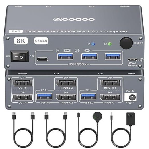 DP KVM Switch 2 Monitors with USB3.0 and 8K Support