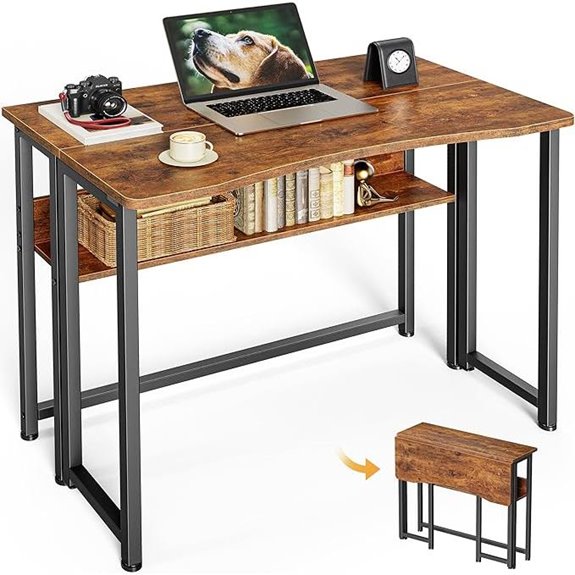 Huuger Foldable Desk with Storage Shelf Rustic Brown