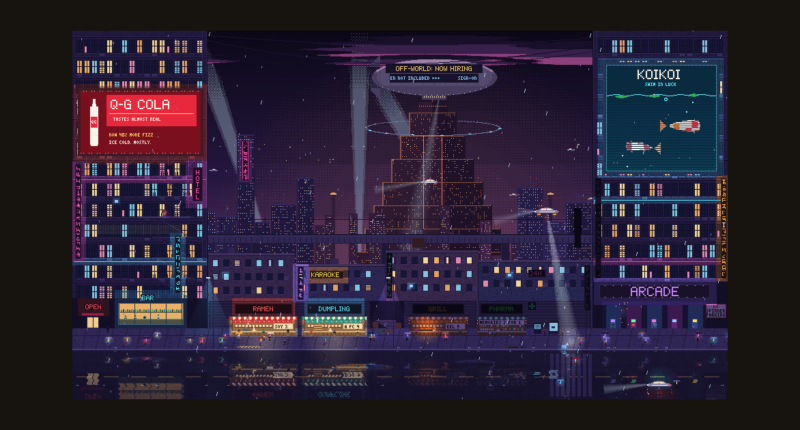 Neon Rain 2049: a rain-soaked pixel-art megacity with neon signs and flying cars