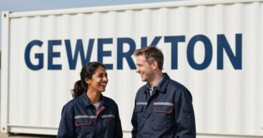 Two professionals in dark blue workwear laughing in front of a white site container with the GEWERKTON lettering