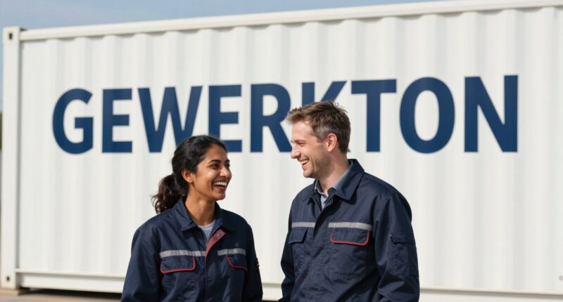 Two professionals in dark blue workwear laughing in front of a white site container with the GEWERKTON lettering